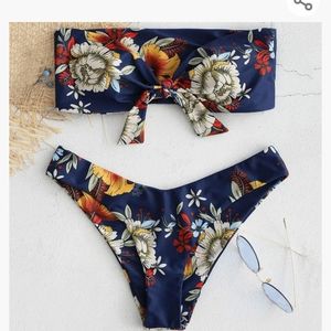 Zaful floral bandeau bikini lapis blue